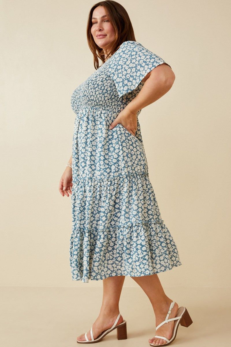 Blue Floral Tiered Plus Midi Dress sold by Pinkblush product image thumbnail 2