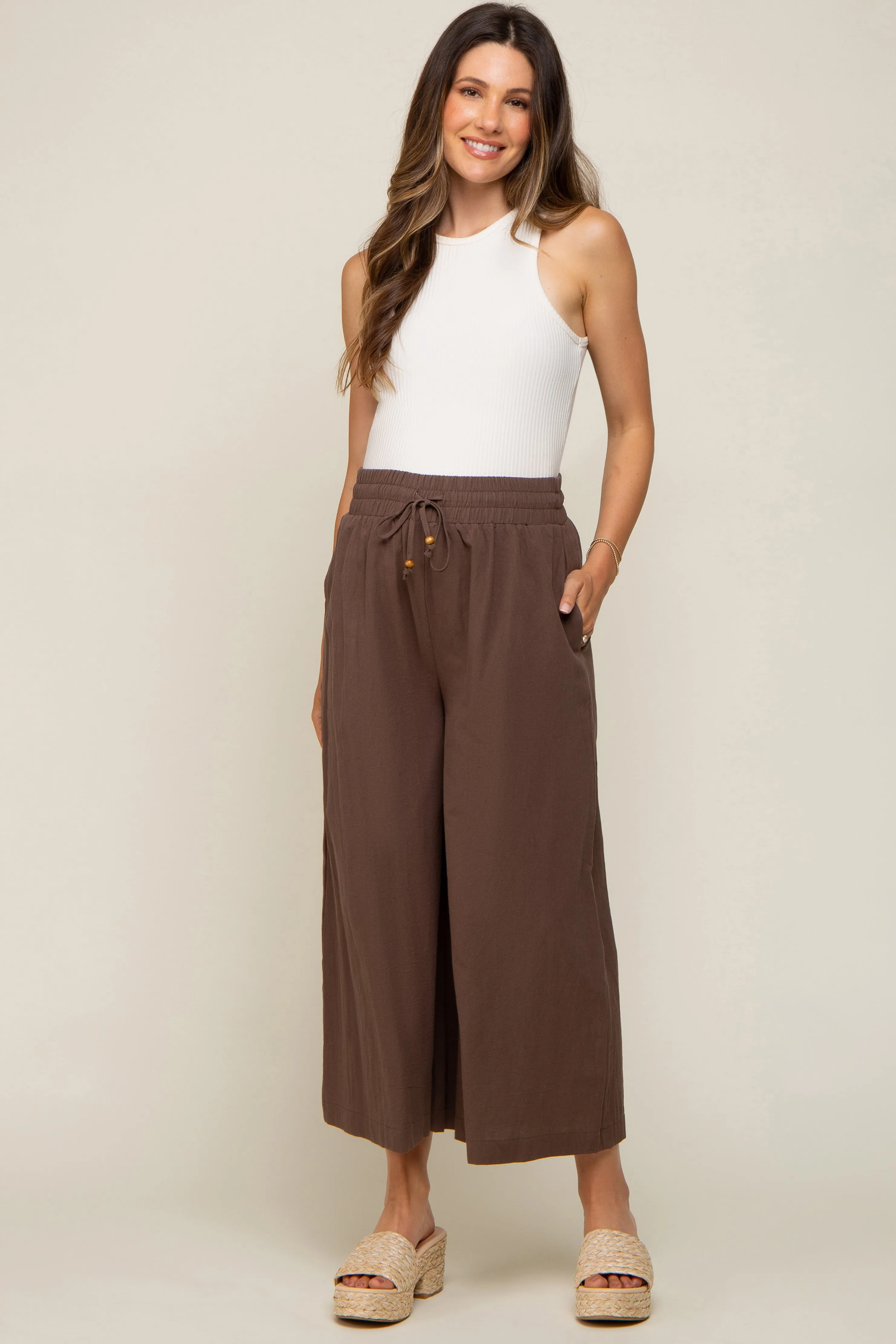 Brown Drawstring Wide Leg Maternity Pants sold by Pinkblush
