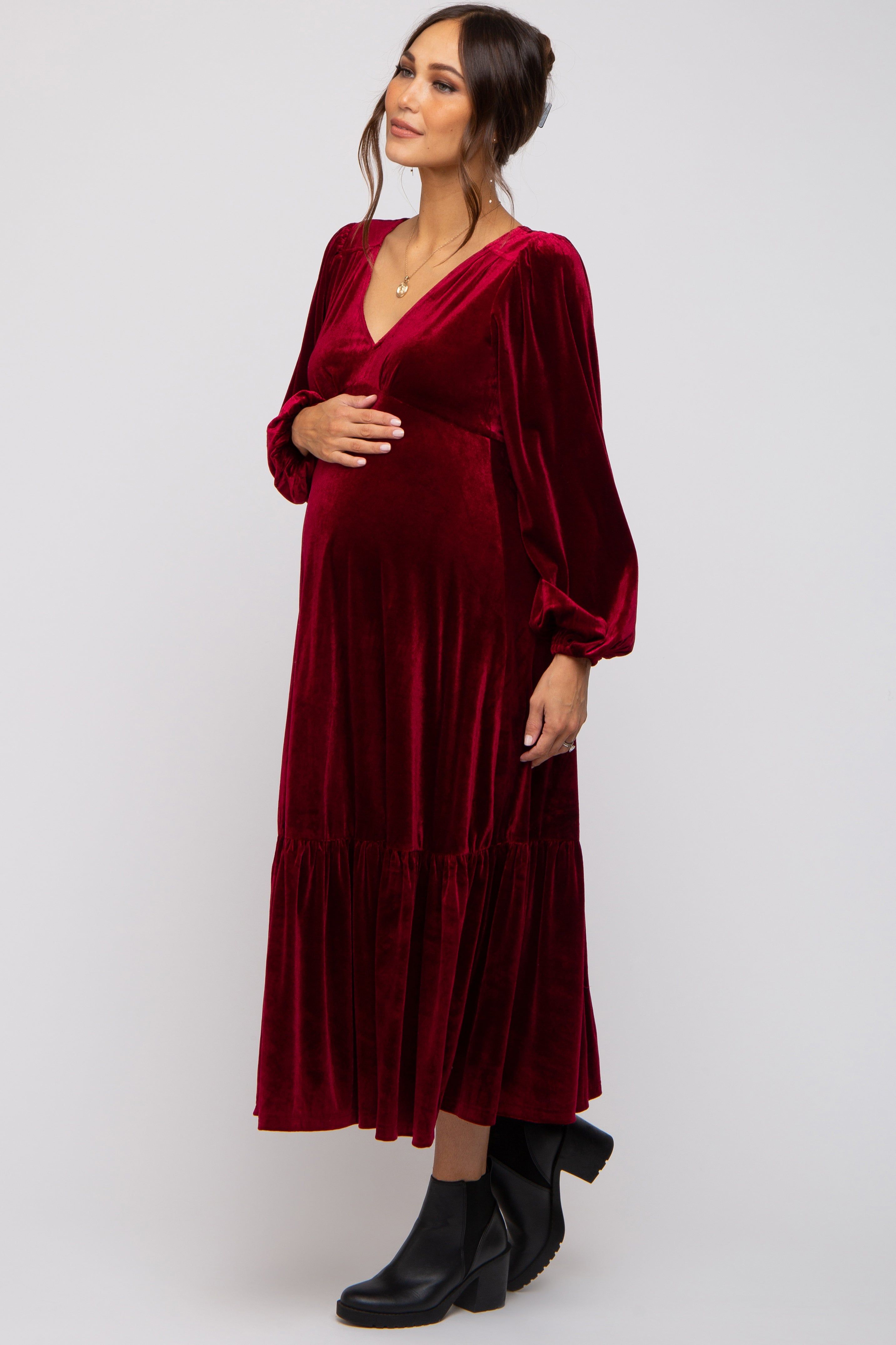 Burgundy V-Neck Ruffle Hem Velvet Maternity Midi Dress sold by Pinkblush product image thumbnail 3