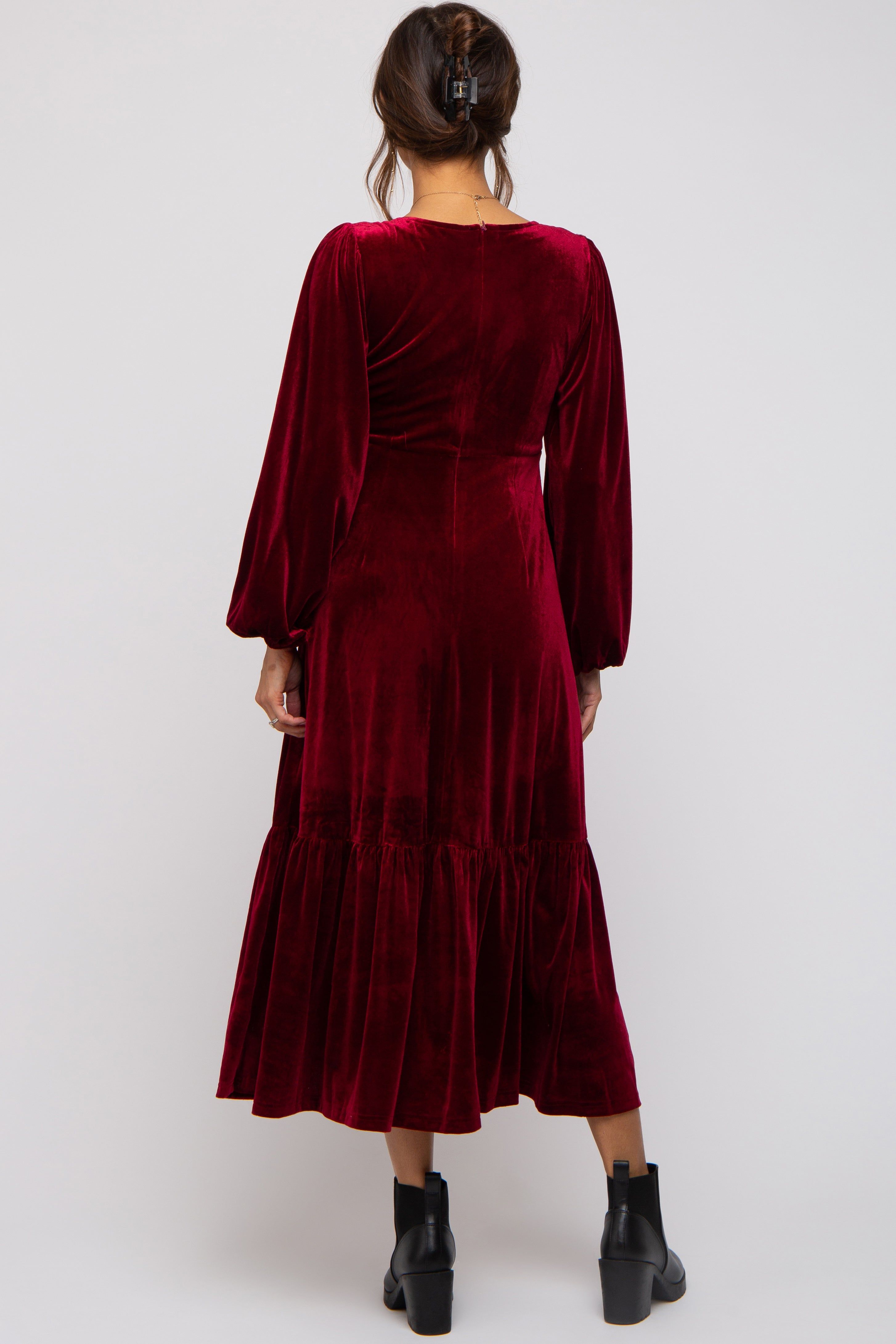 Burgundy V-Neck Ruffle Hem Velvet Maternity Midi Dress sold by Pinkblush product image thumbnail 4