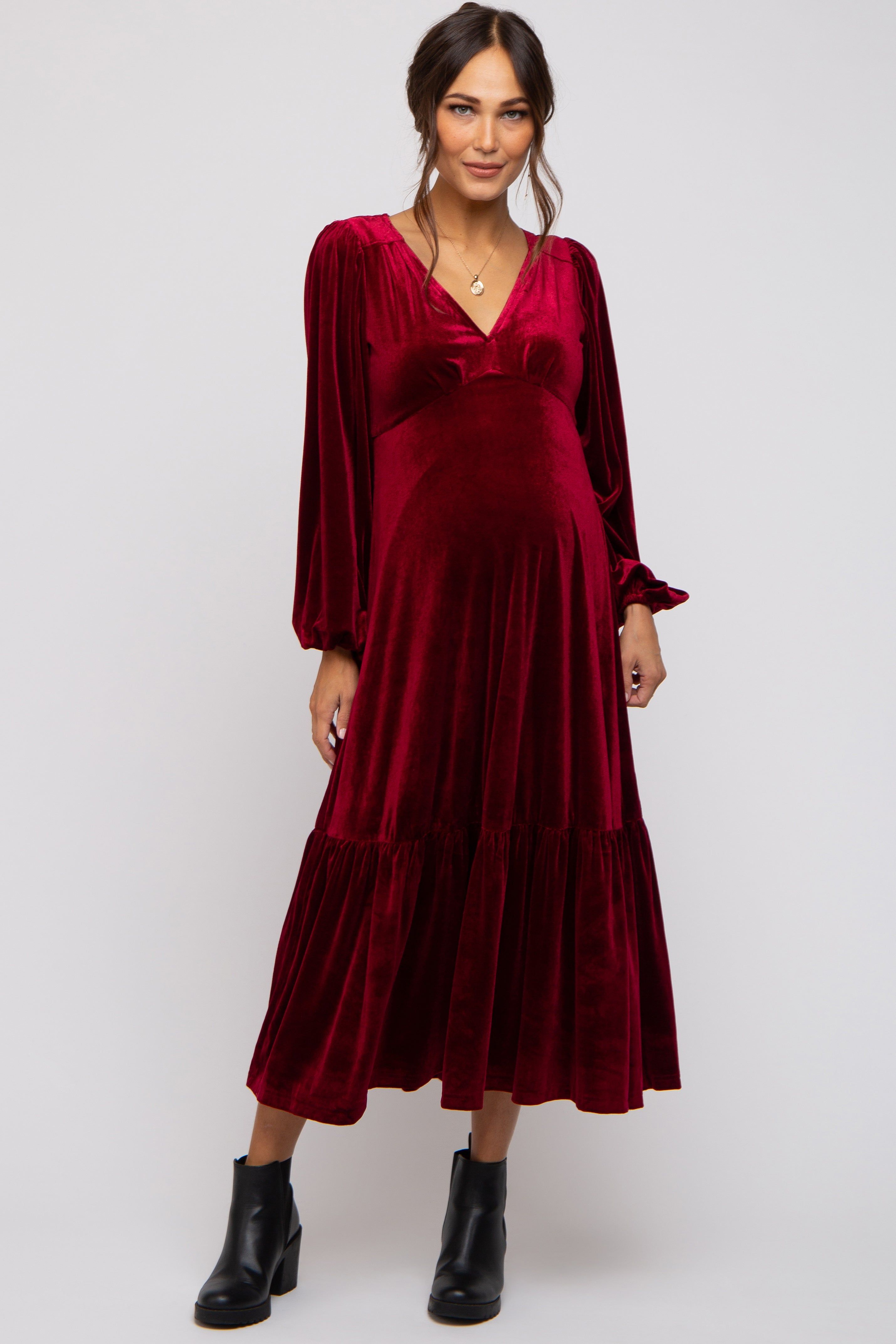 Burgundy V-Neck Ruffle Hem Velvet Maternity Midi Dress sold by Pinkblush