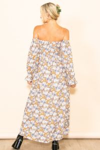 Taupe Floral Print Off Shoulder Smocked Maxi Dress sold by Pinkblush