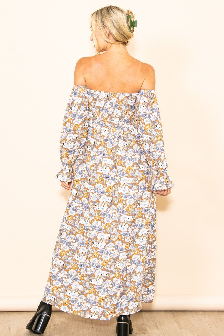 Taupe Floral Print Off Shoulder Smocked Maxi Dress sold by Pinkblush product image thumbnail 3