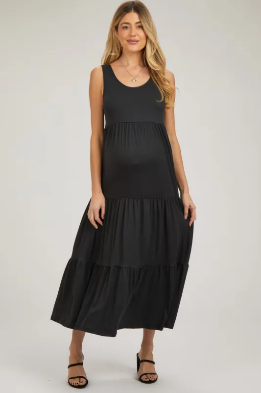 Black Sleeveless Scoop Back Tiered Maternity Maxi Dress sold by Pinkblush