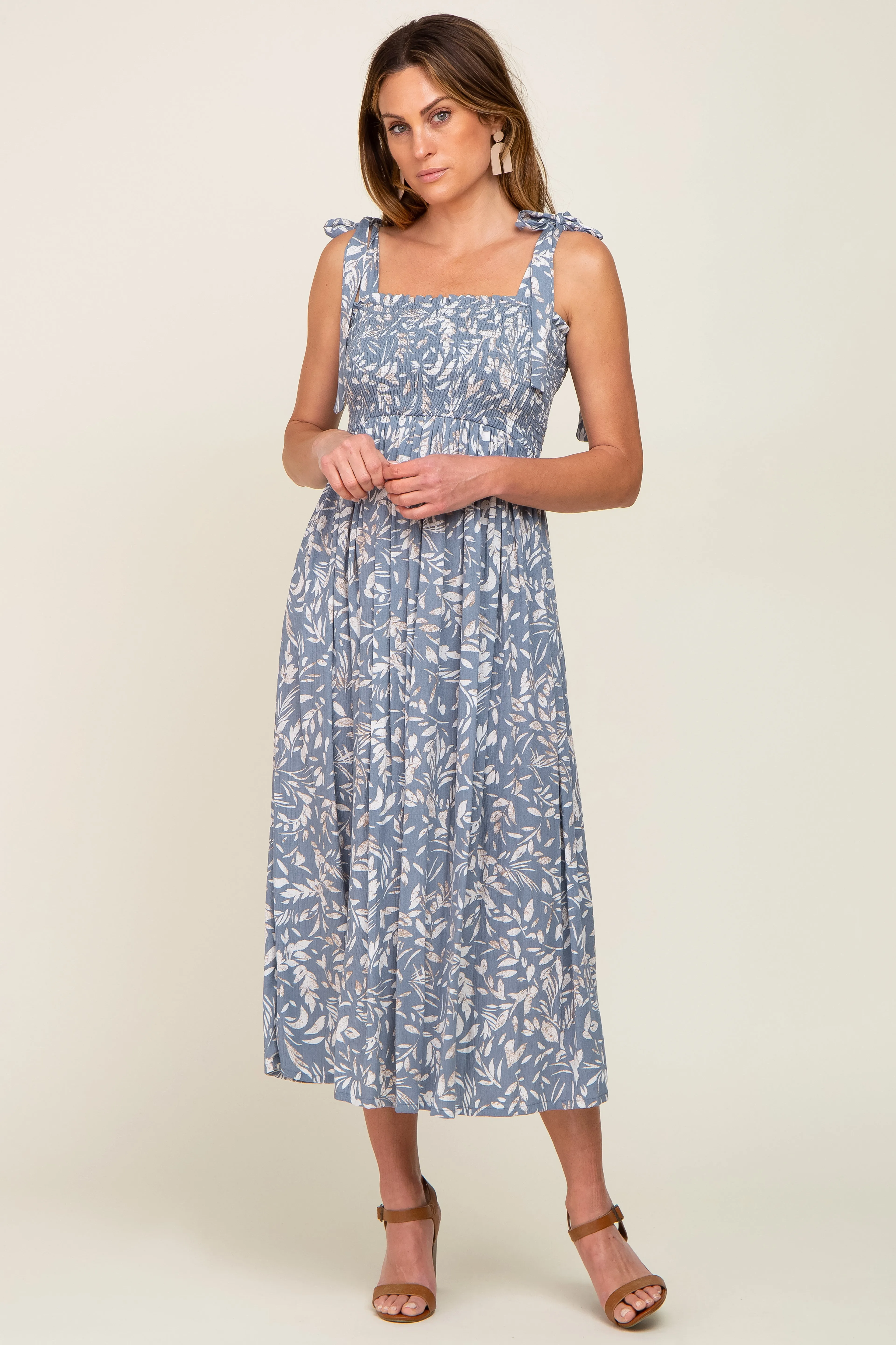 Light Blue Floral Smocked Shoulder Tie Maternity Midi Dress sold by Pinkblush product image thumbnail 5