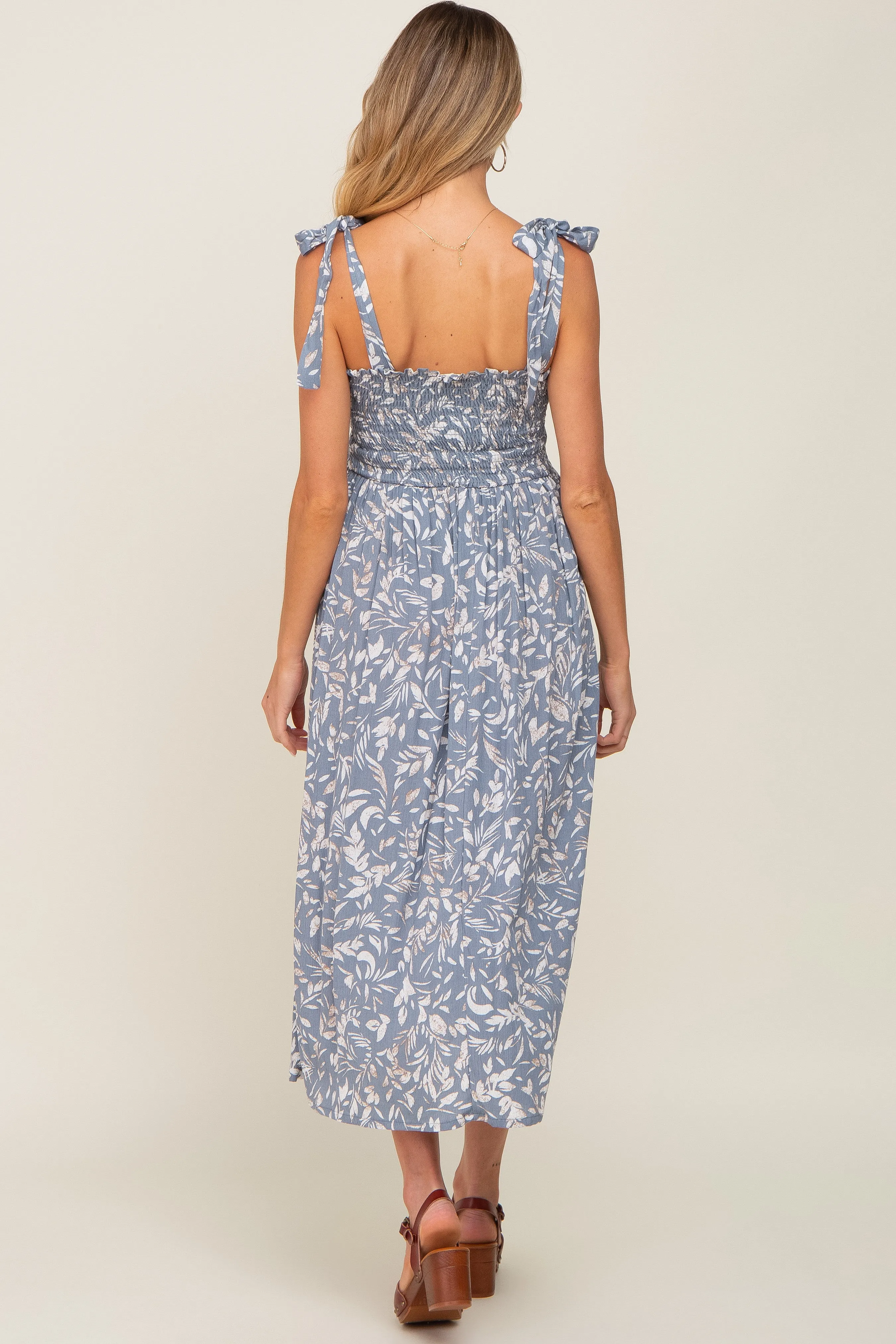 Light Blue Floral Smocked Shoulder Tie Maternity Midi Dress sold by Pinkblush product image thumbnail 3