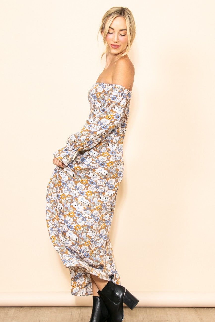 Taupe Floral Print Off Shoulder Smocked Maxi Dress sold by Pinkblush product image thumbnail 2