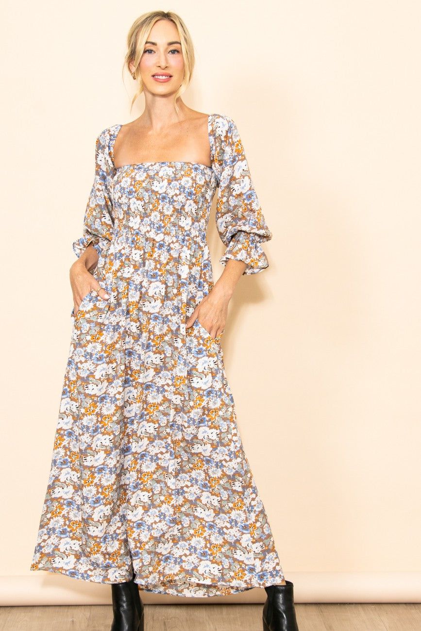 Taupe Floral Print Off Shoulder Smocked Maxi Dress sold by Pinkblush