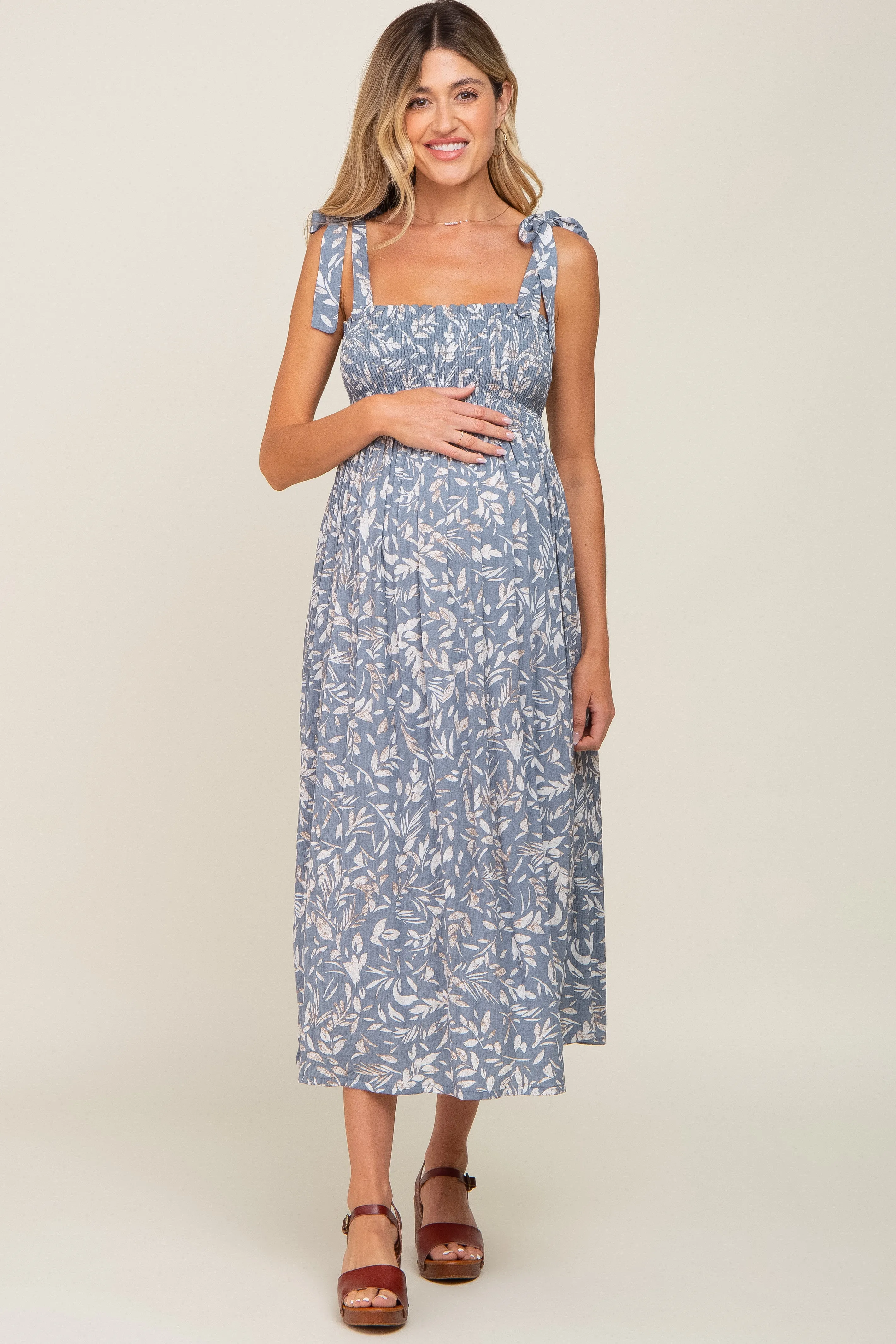 Light Blue Floral Smocked Shoulder Tie Maternity Midi Dress sold by Pinkblush product image thumbnail 4