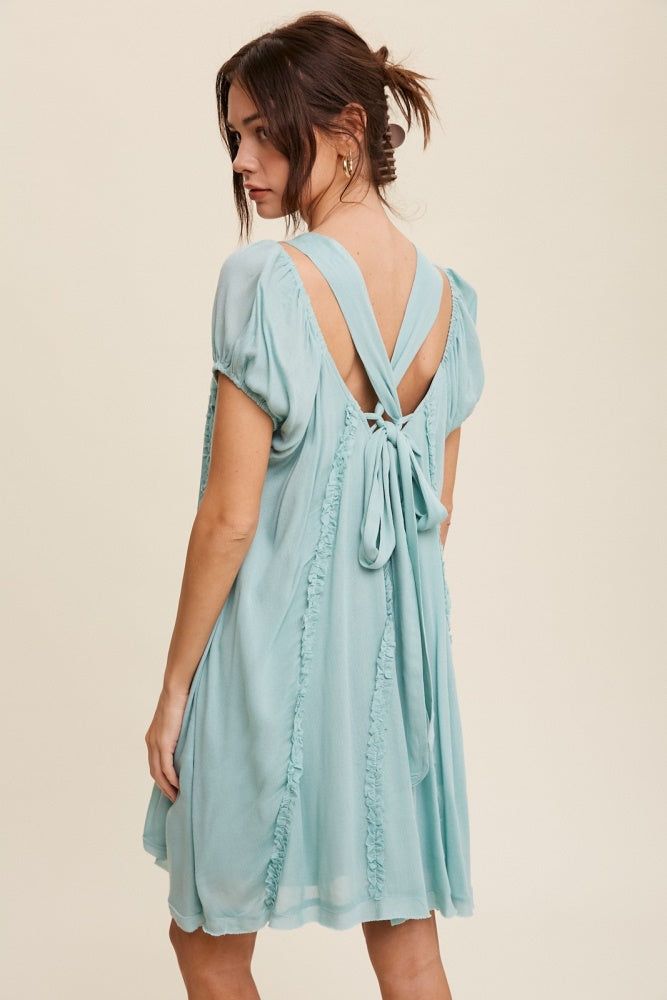 Sea Foam Square Neck Puff Sleeve Flowy Dress sold by Pinkblush product image thumbnail 3