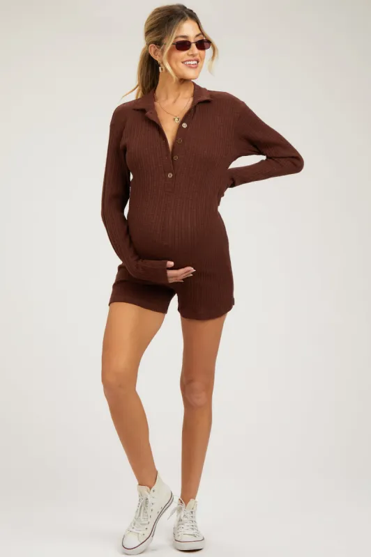 Brown Rib Knit Collared Maternity Romper sold by Pinkblush