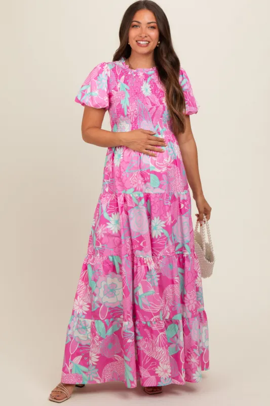 Pink Floral Smocked Short Puff Sleeve Tiered Maternity Maxi Dress sold by Pinkblush