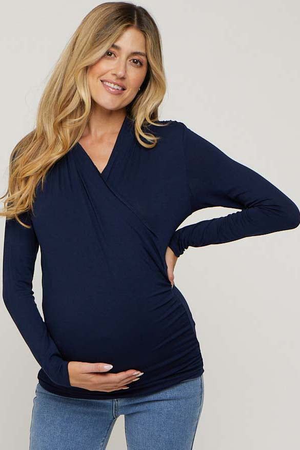 Navy Long Sleeve Wrap Maternity Nursing Top sold by Pinkblush