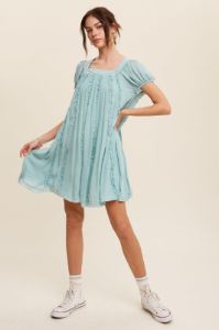 Sea Foam Square Neck Puff Sleeve Flowy Dress sold by Pinkblush
