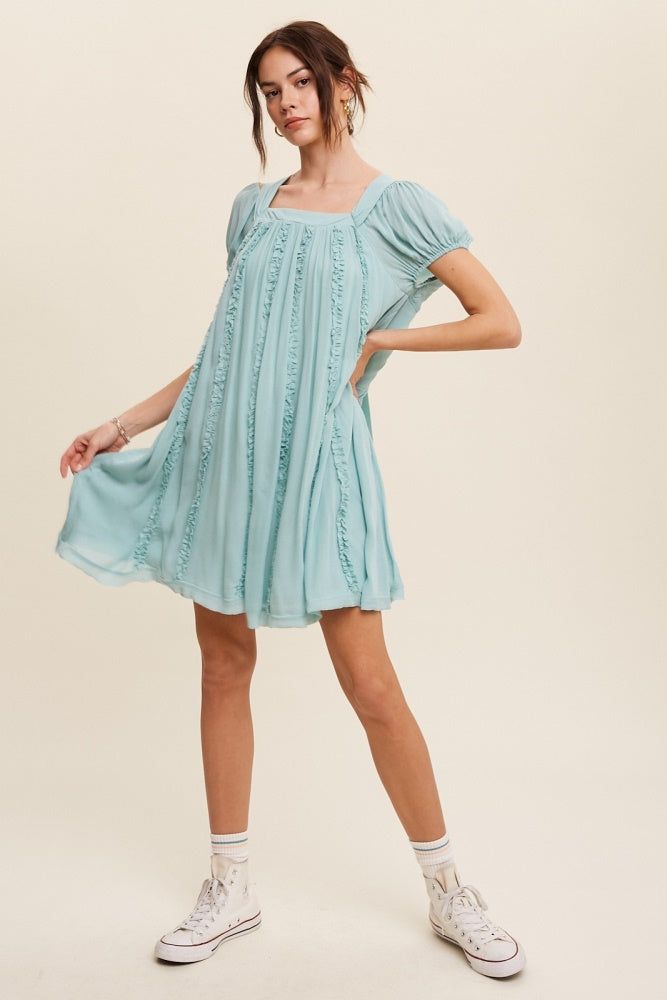 Sea Foam Square Neck Puff Sleeve Flowy Dress sold by Pinkblush product image thumbnail 4