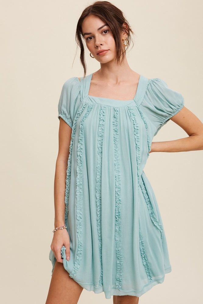 Sea Foam Square Neck Puff Sleeve Flowy Dress sold by Pinkblush