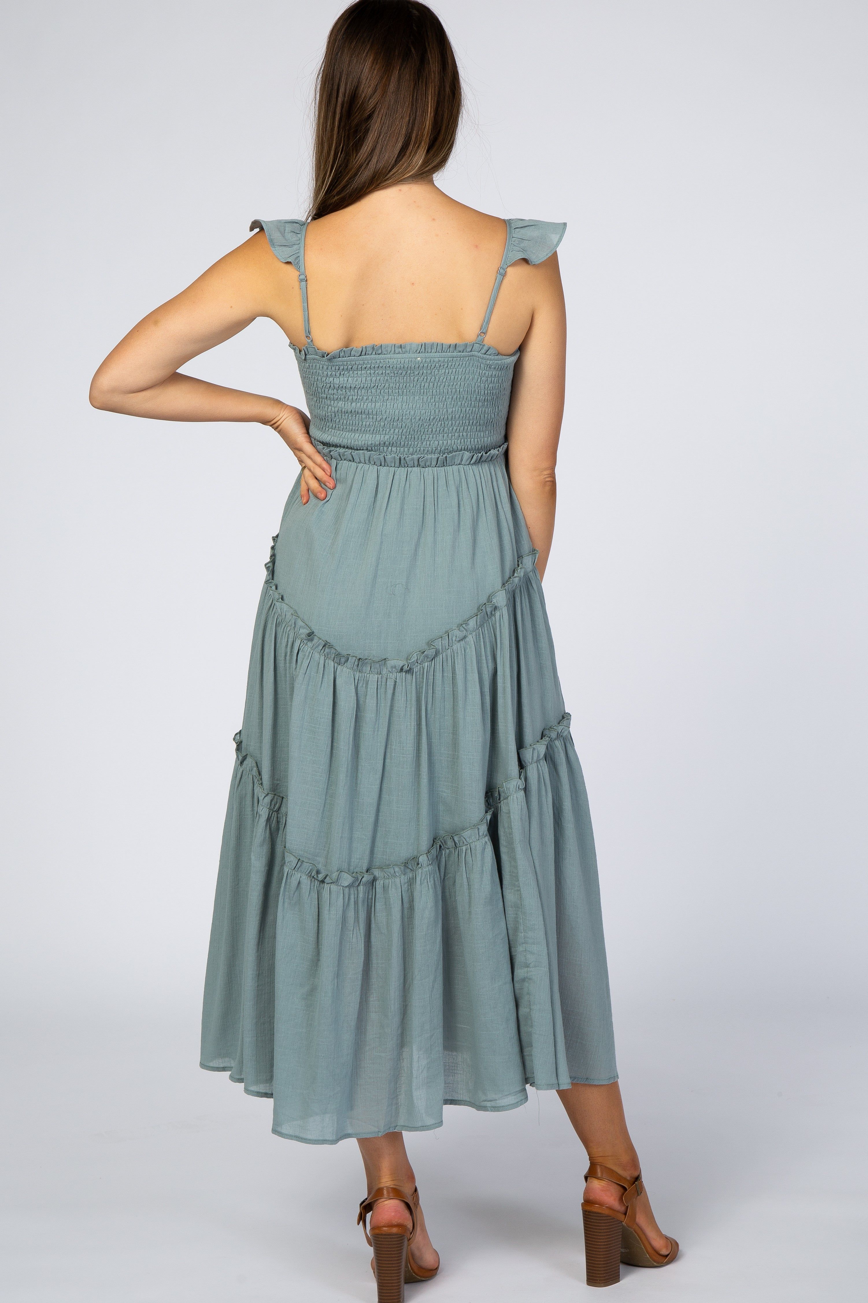 Light Olive Smocked Ruffle Accent Maternity Dress sold by Pinkblush product image thumbnail 3