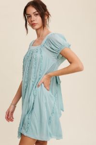 Sea Foam Square Neck Puff Sleeve Flowy Dress sold by Pinkblush