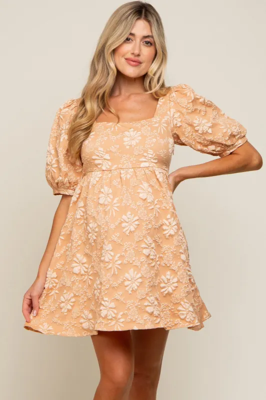 Peach Satin Floral Textured Square Neck Maternity Babydoll Dress sold by Pinkblush