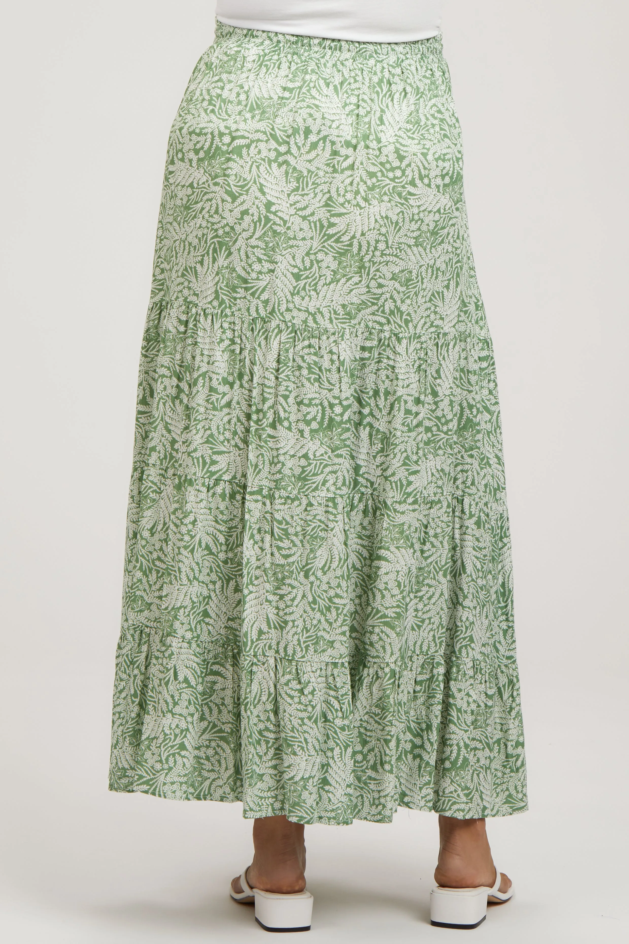 Light Olive Leaf Printed Drawstring Tiered Maternity Maxi Skirt sold by Pinkblush product image thumbnail 4