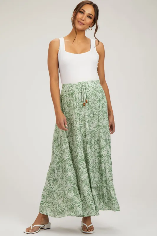 Light Olive Leaf Printed Drawstring Tiered Maternity Maxi Skirt sold by Pinkblush