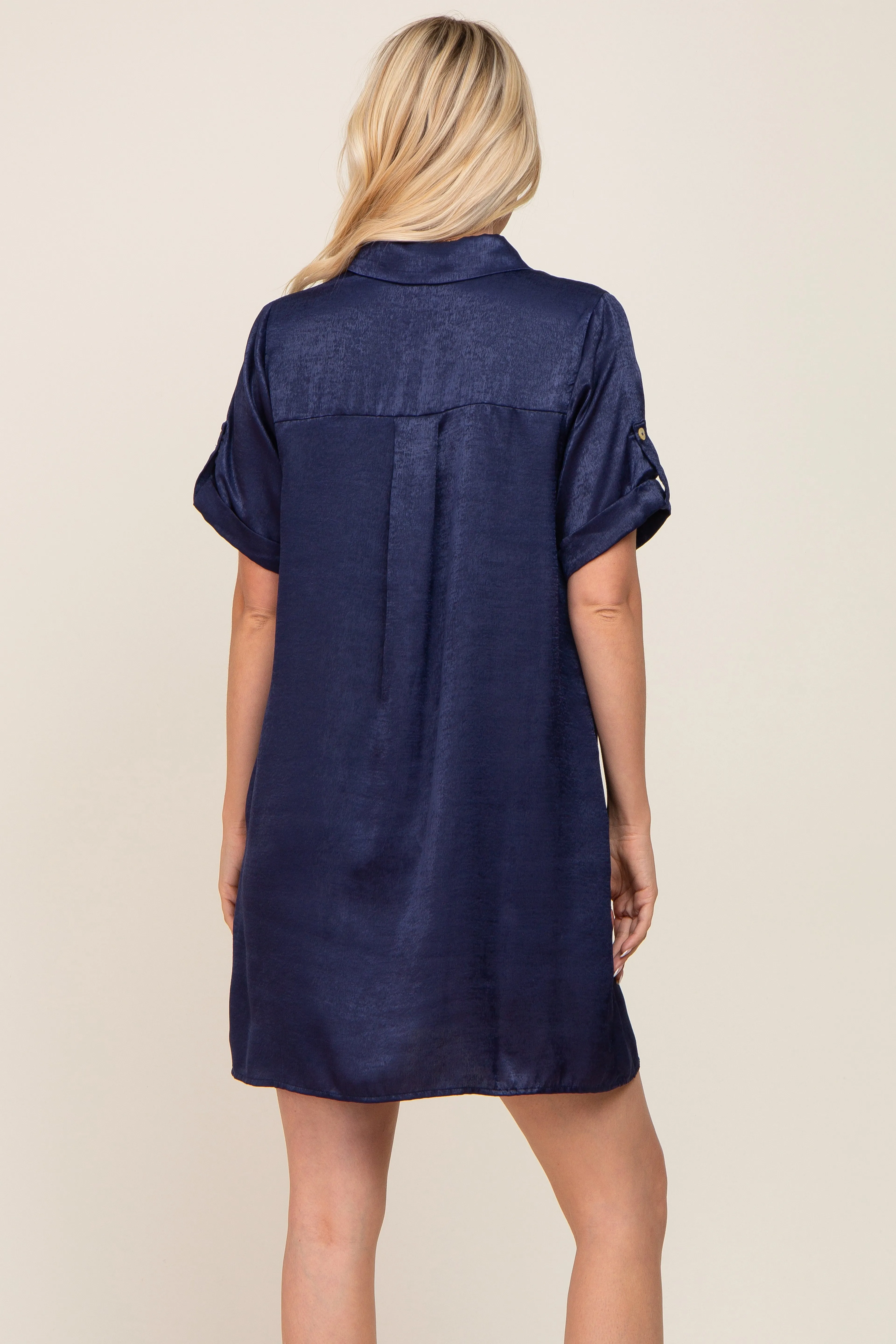Navy Blue Satin Button Front Short Sleeve Dress sold by Pinkblush product image thumbnail 3