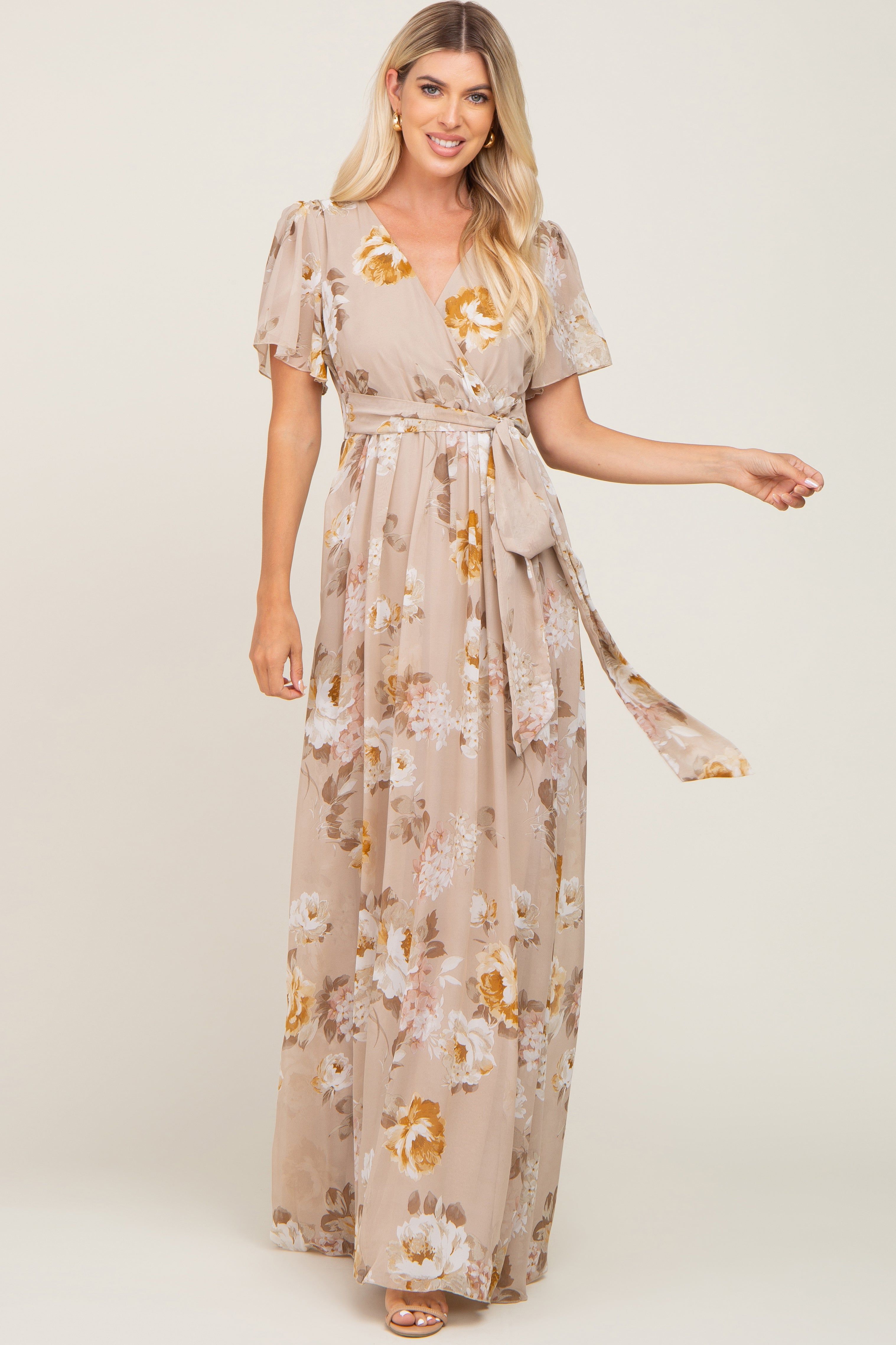 Taupe Floral Chiffon Wrap Short Sleeve Maternity Maxi Dress sold by Pinkblush product image thumbnail 4