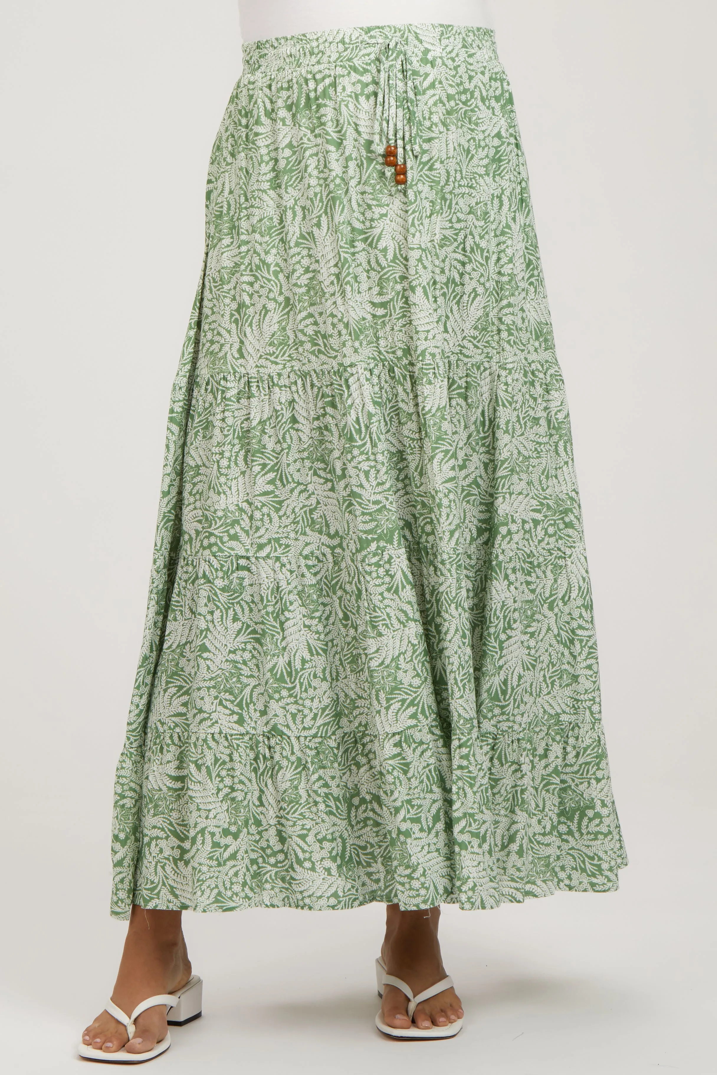 Light Olive Leaf Printed Drawstring Tiered Maternity Maxi Skirt sold by Pinkblush product image thumbnail 2