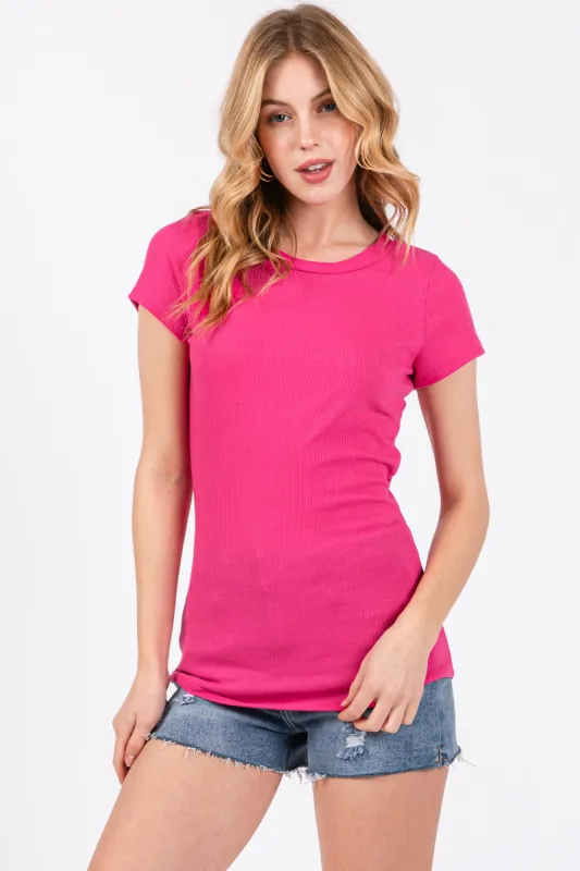 Fuchsia Ribbed Short Sleeve Top sold by Pinkblush