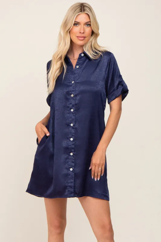 Navy Blue Satin Button Front Short Sleeve Dress sold by Pinkblush