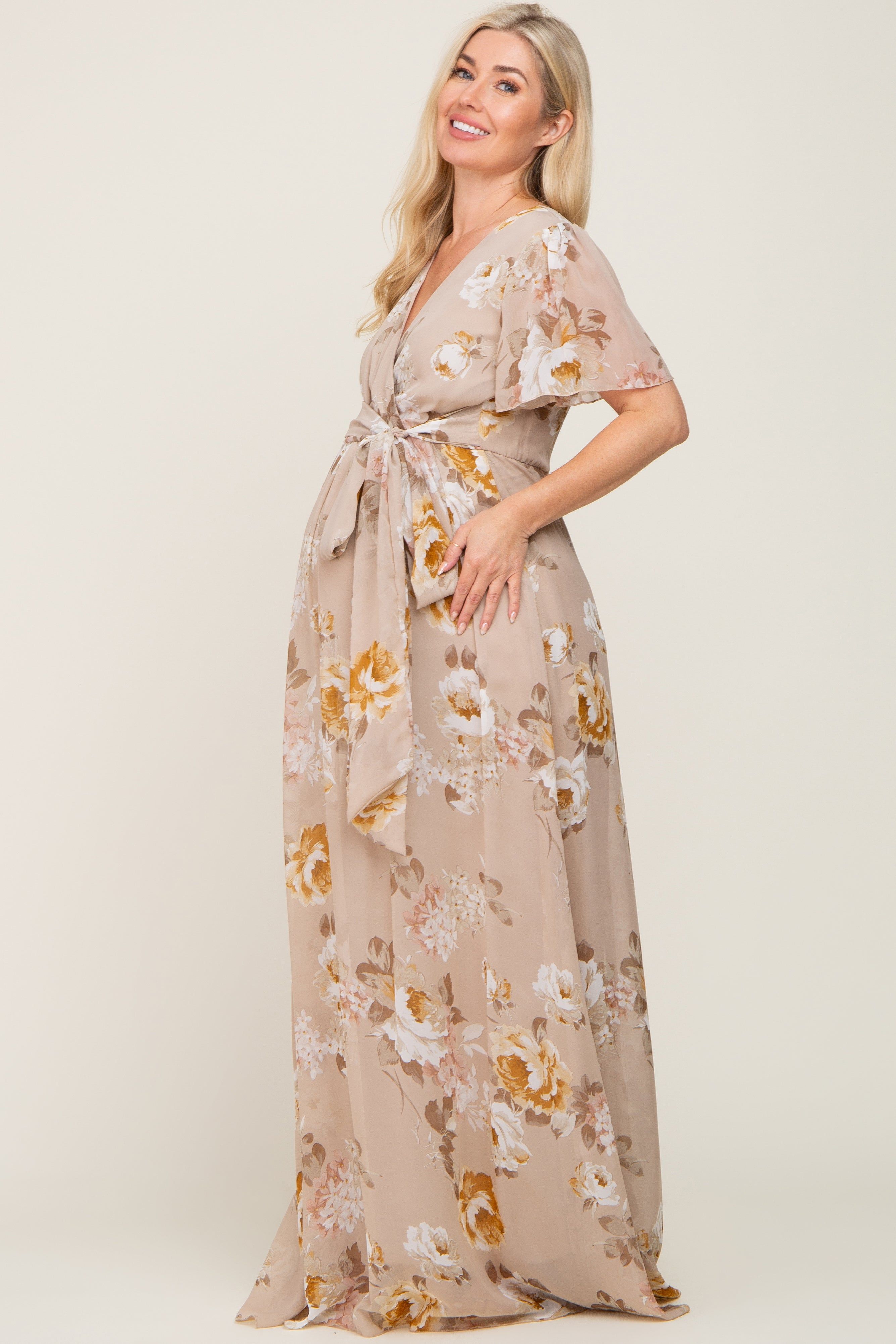 Taupe Floral Chiffon Wrap Short Sleeve Maternity Maxi Dress sold by Pinkblush product image thumbnail 2