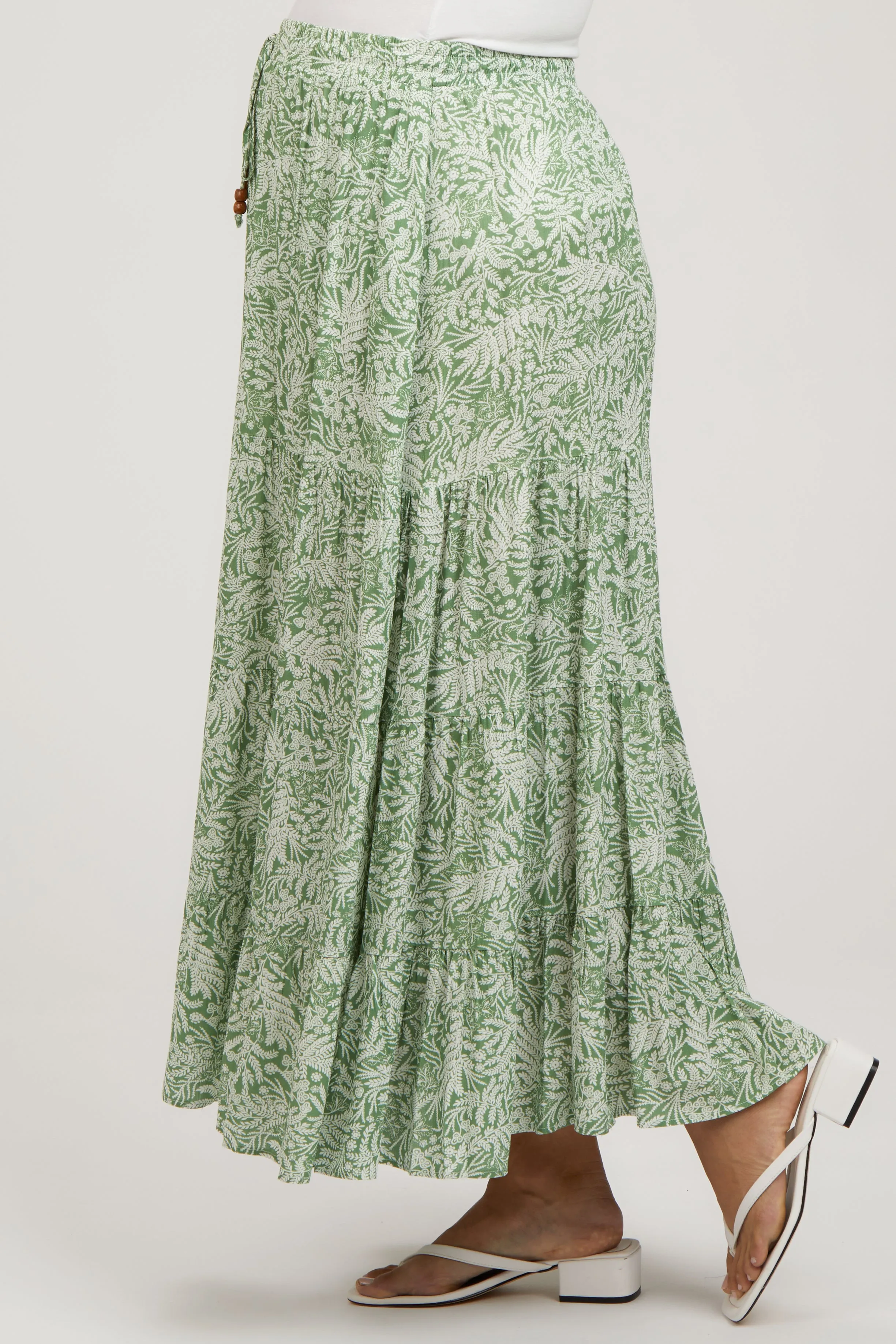 Light Olive Leaf Printed Drawstring Tiered Maternity Maxi Skirt sold by Pinkblush product image thumbnail 3