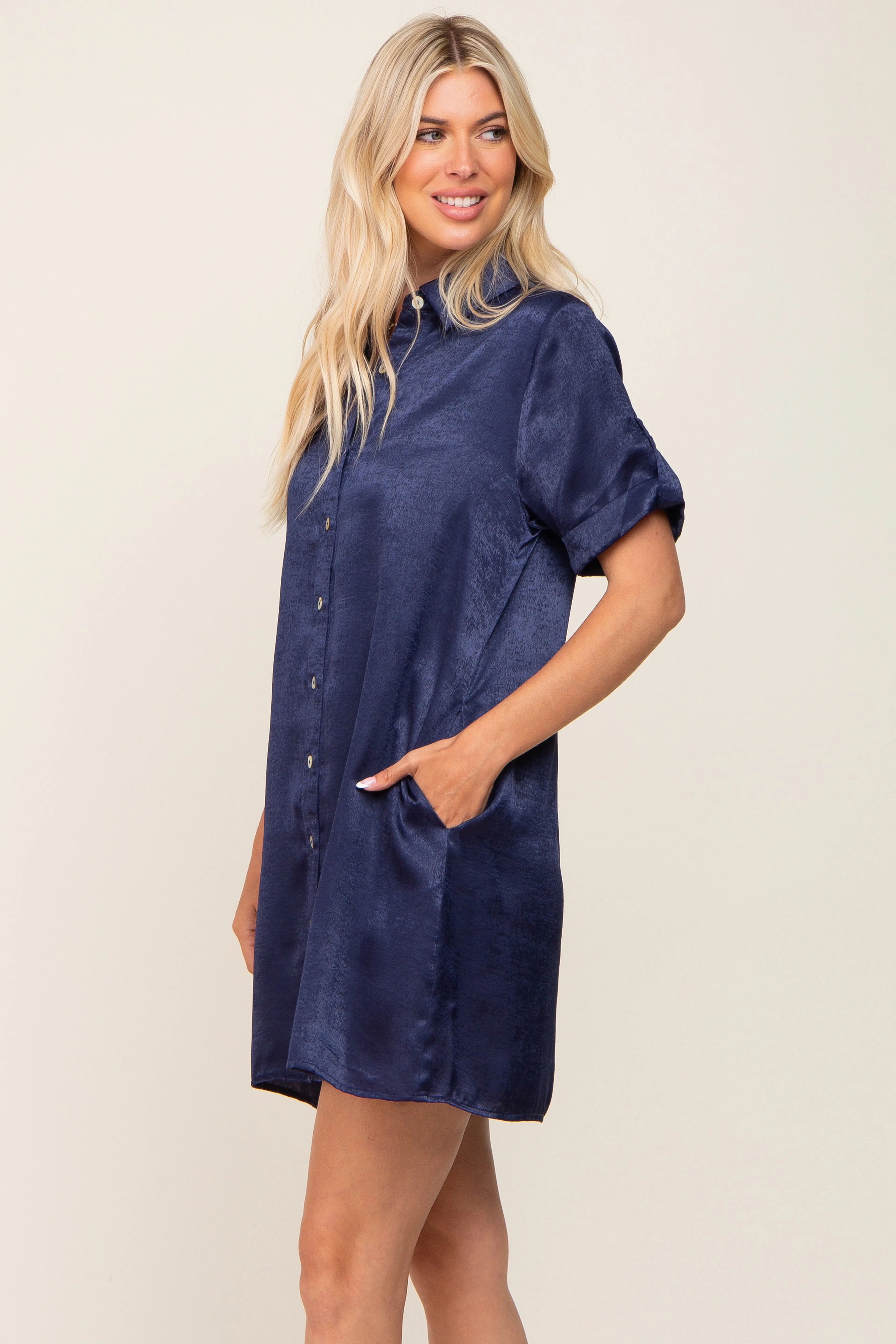 Navy Blue Satin Button Front Short Sleeve Dress sold by Pinkblush product image thumbnail 2
