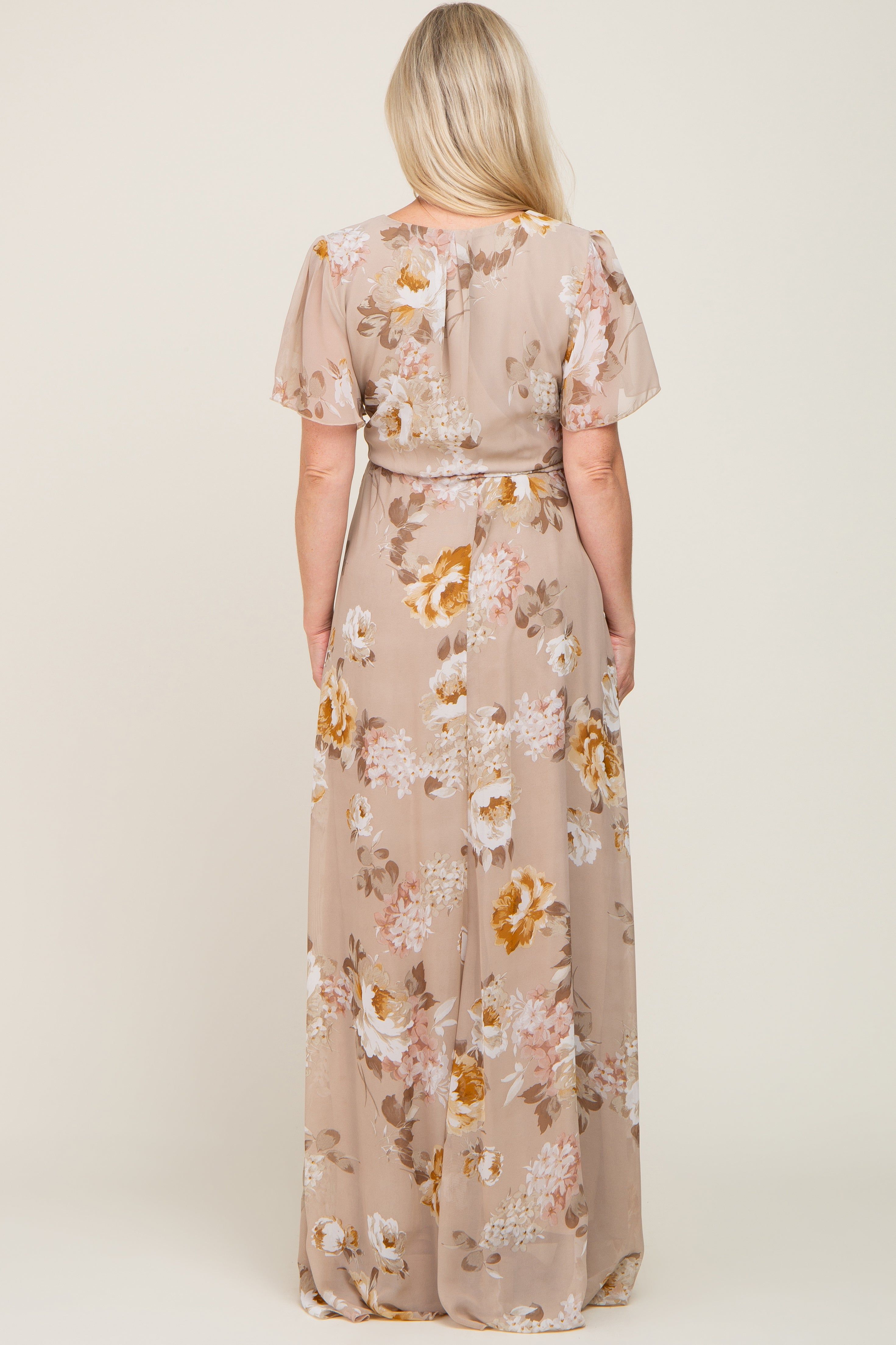 Taupe Floral Chiffon Wrap Short Sleeve Maternity Maxi Dress sold by Pinkblush product image thumbnail 3