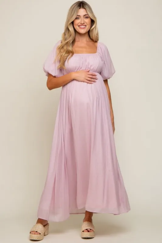 Light Pink Shimmer Chiffon Short Puff Sleeve Maternity Maxi Dress sold by Pinkblush