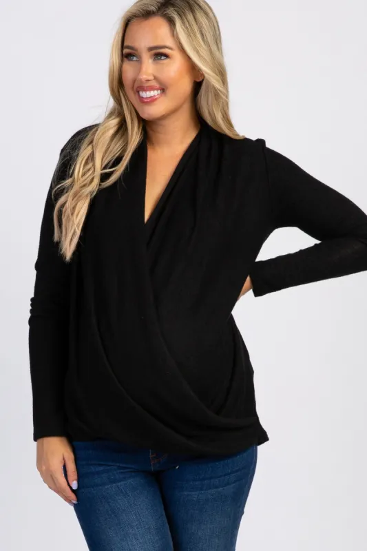 PinkBlush Black Knit Draped Wrap V-Neck Maternity Nursing Top sold by Pinkblush