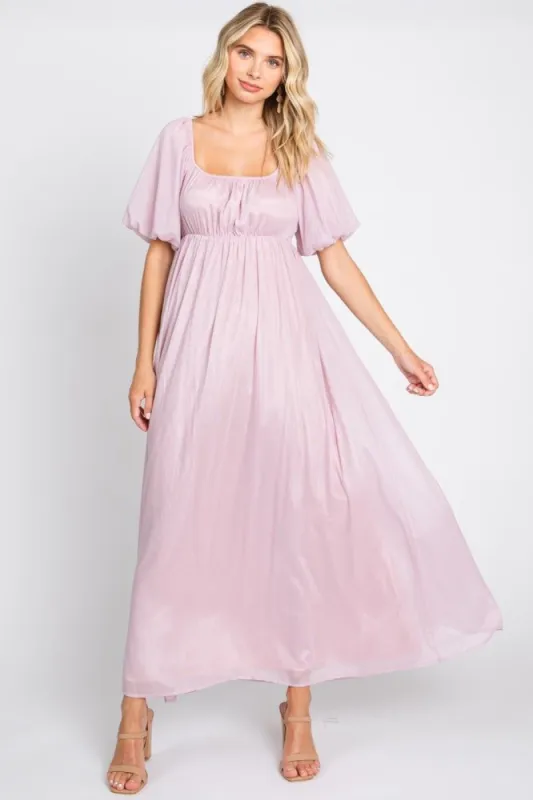 Light Pink Shimmer Chiffon Short Puff Sleeve Maxi Dress sold by Pinkblush