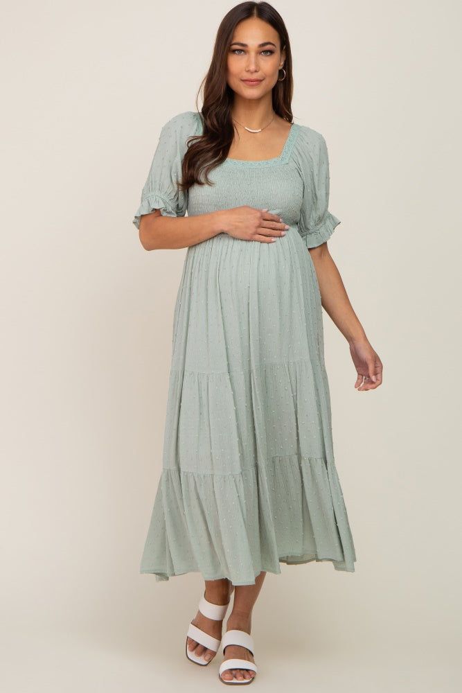 Mint Swiss Dot Puff Sleeve Smocked Maternity Midi Dress sold by Pinkblush product image thumbnail 4