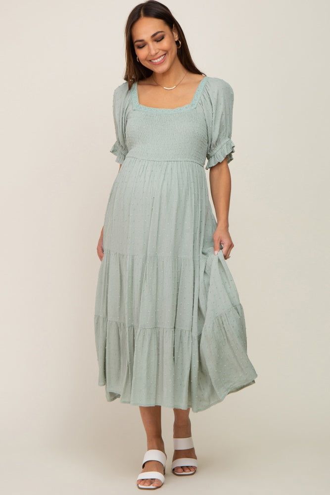 Mint Swiss Dot Puff Sleeve Smocked Maternity Midi Dress sold by Pinkblush