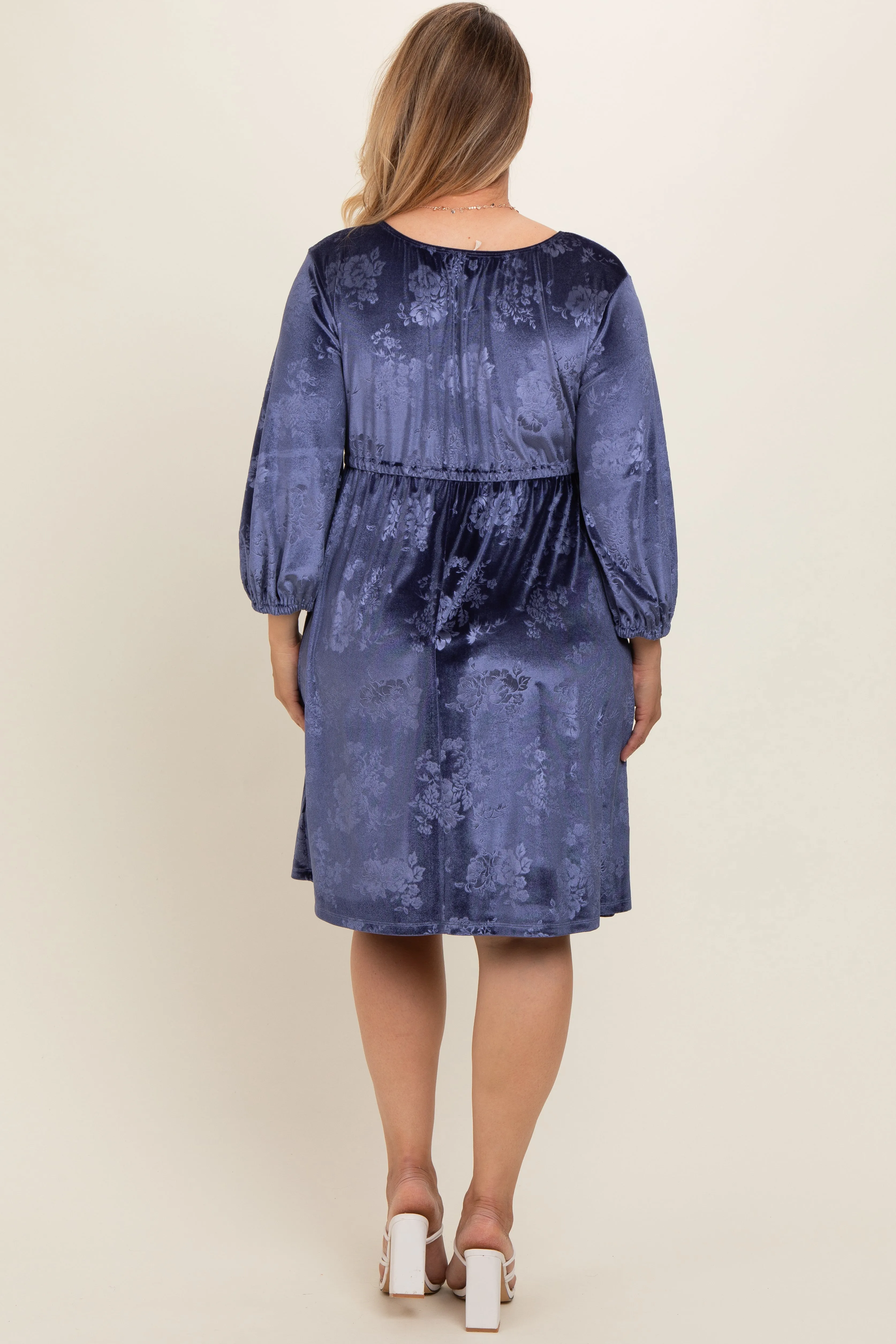 Navy Velvet Floral Ruched Neck Plus Maternity Dress sold by Pinkblush product image thumbnail 4