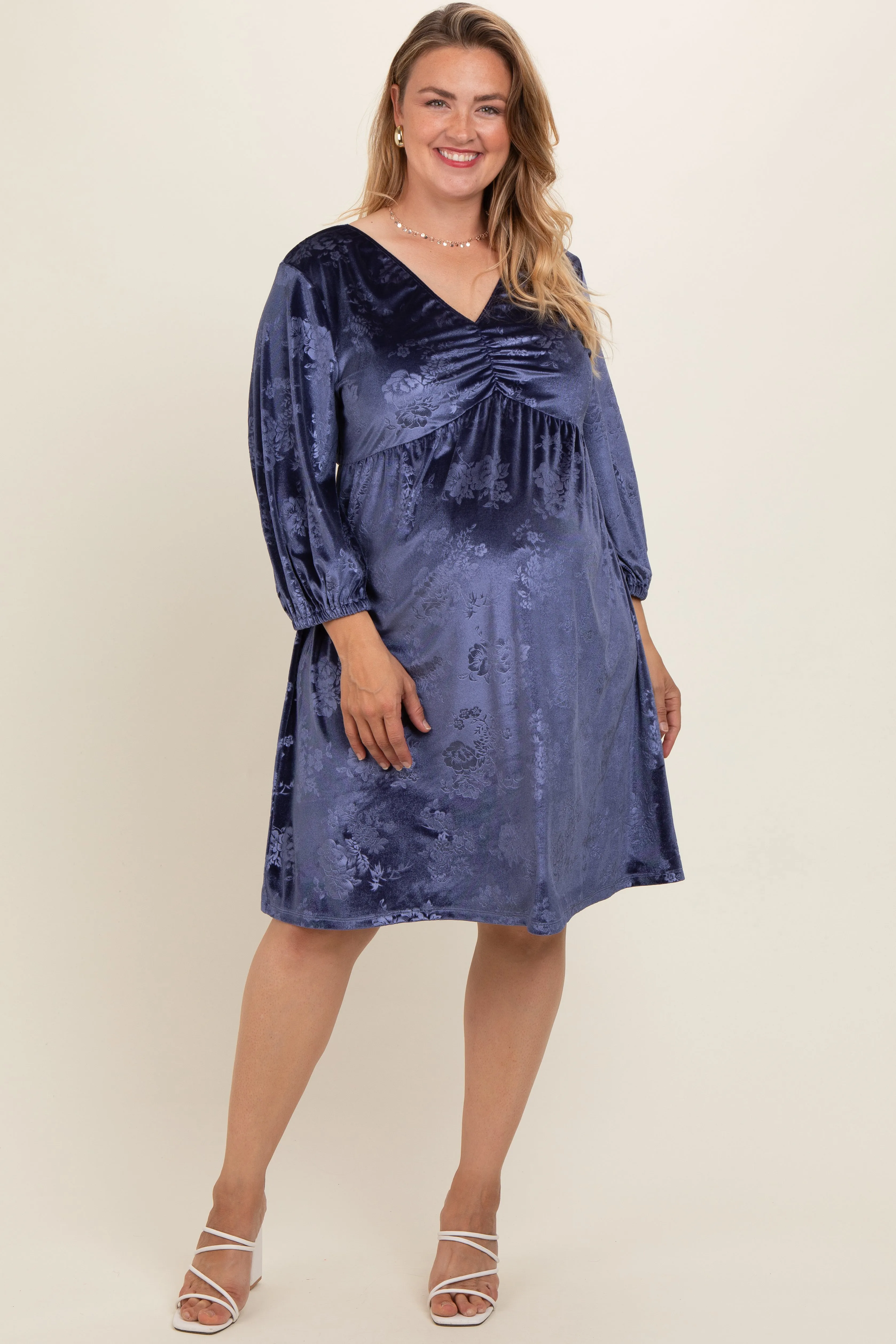 Navy Velvet Floral Ruched Neck Plus Maternity Dress sold by Pinkblush