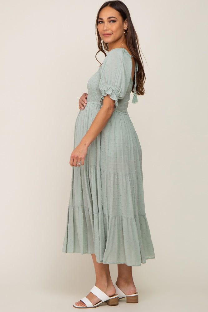 Mint Swiss Dot Puff Sleeve Smocked Maternity Midi Dress sold by Pinkblush product image thumbnail 2