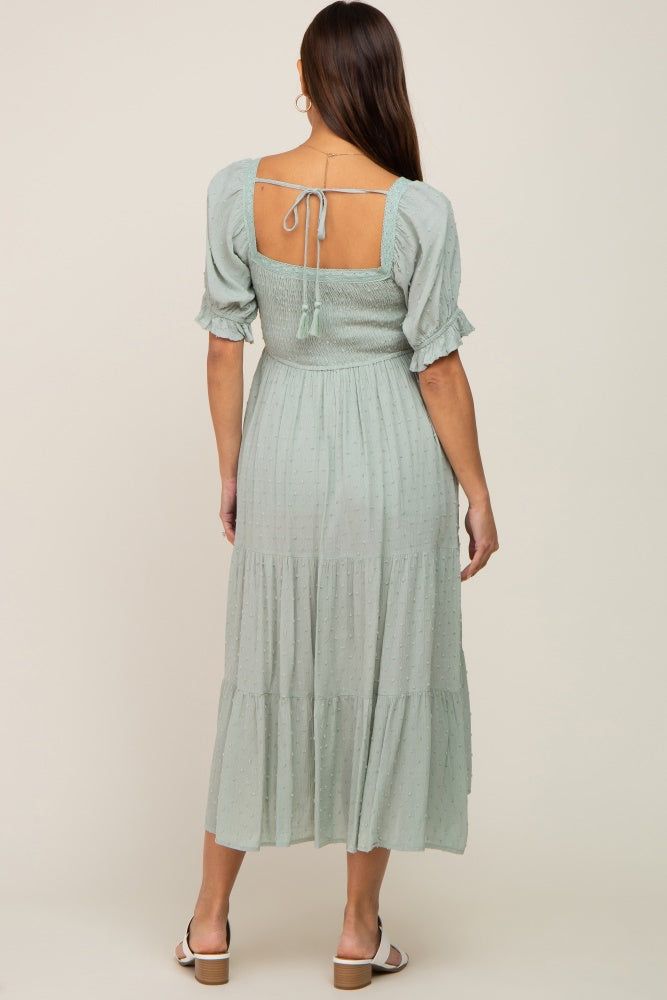 Mint Swiss Dot Puff Sleeve Smocked Maternity Midi Dress sold by Pinkblush product image thumbnail 3