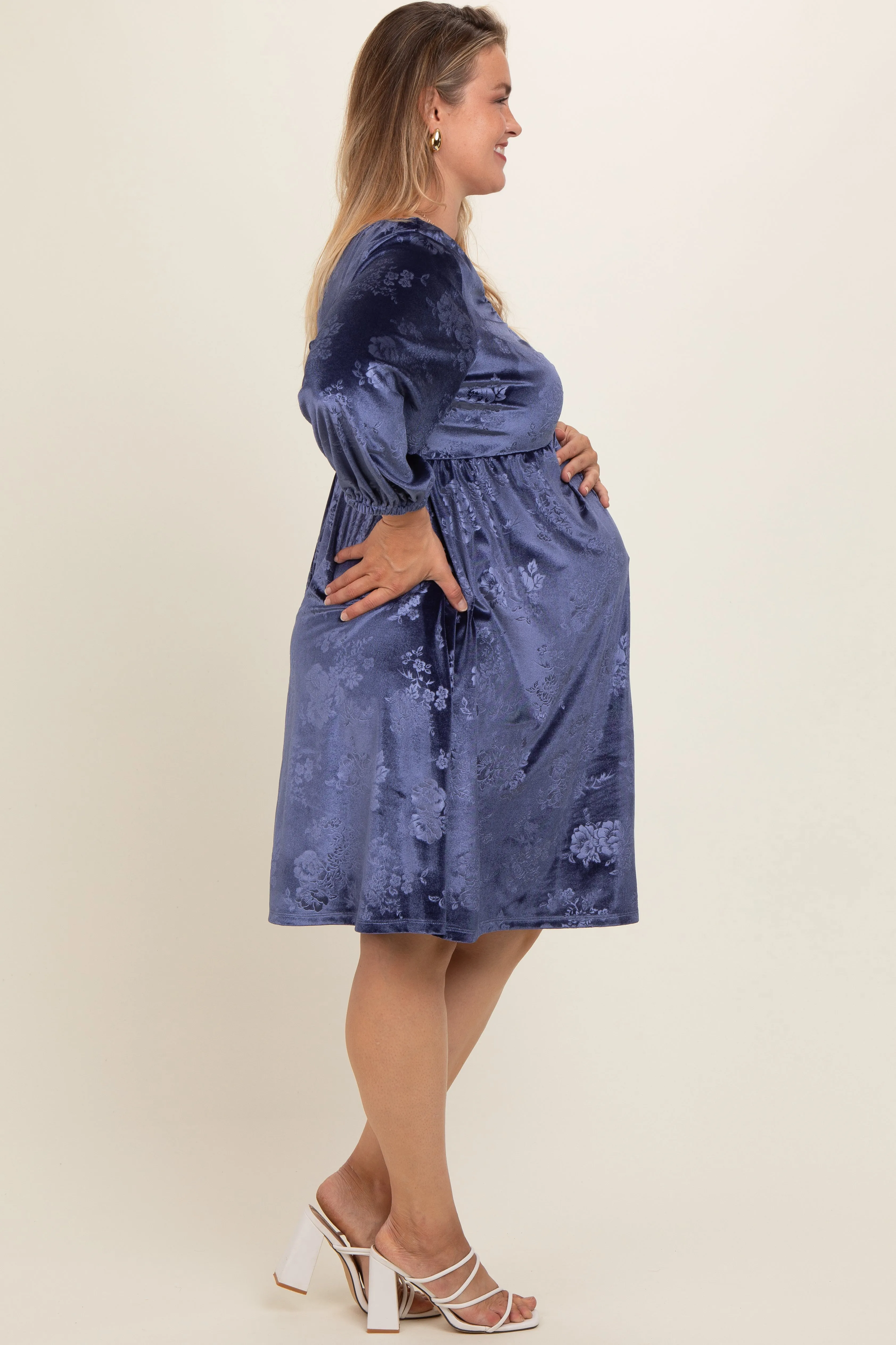 Navy Velvet Floral Ruched Neck Plus Maternity Dress sold by Pinkblush product image thumbnail 3