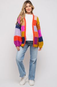 Multi-Color Checkered Thick Knit Maternity Cardigan sold by Pinkblush