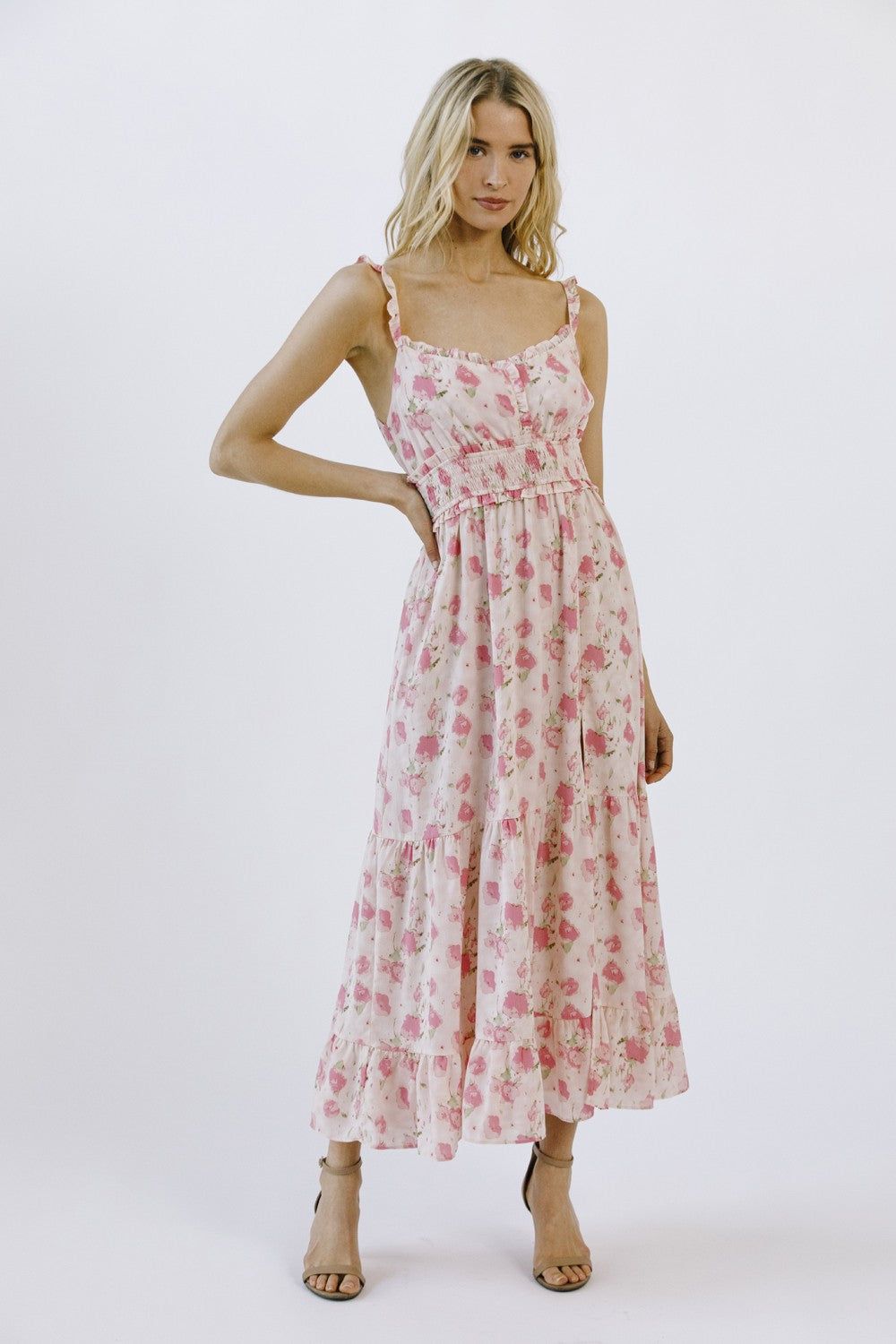 Pink Floral Print Ruffled Midi Dress sold by Pinkblush