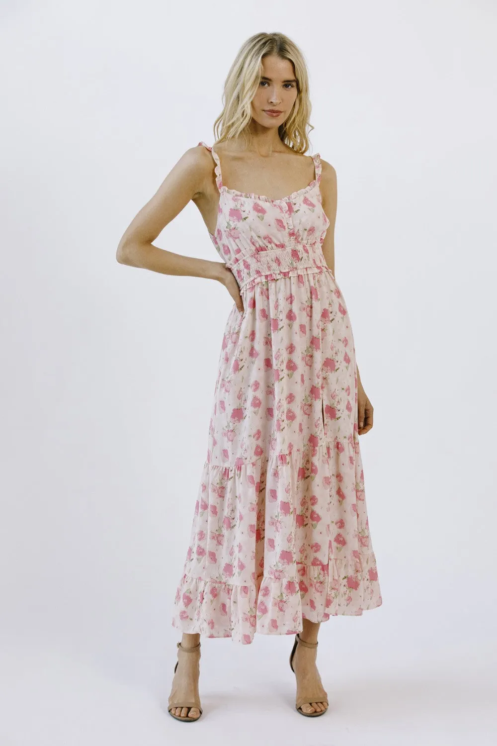Pink Floral Print Ruffled Midi Dress sold by Pinkblush