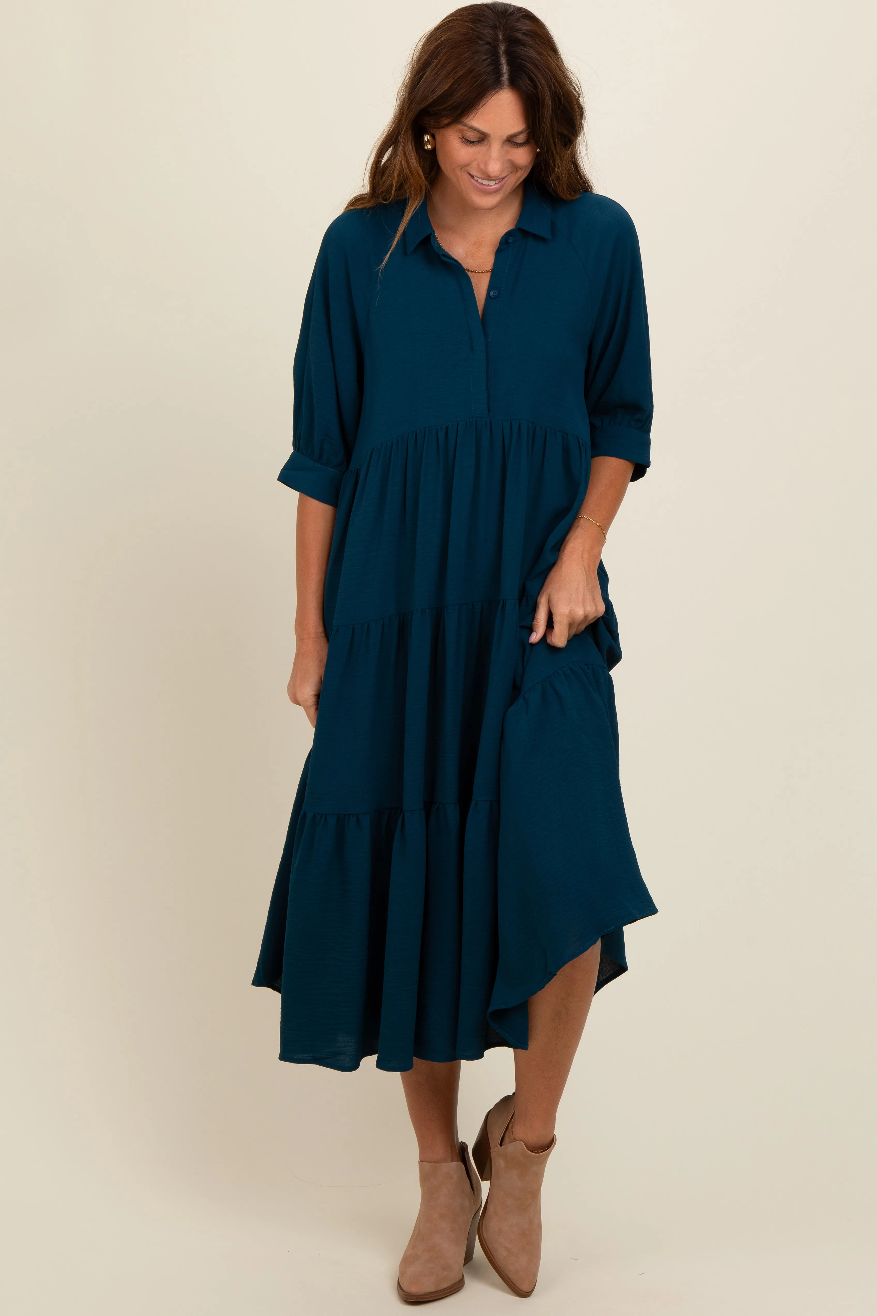 Dark Teal Collared Button Up Tiered Midi Dress sold by Pinkblush product image thumbnail 2