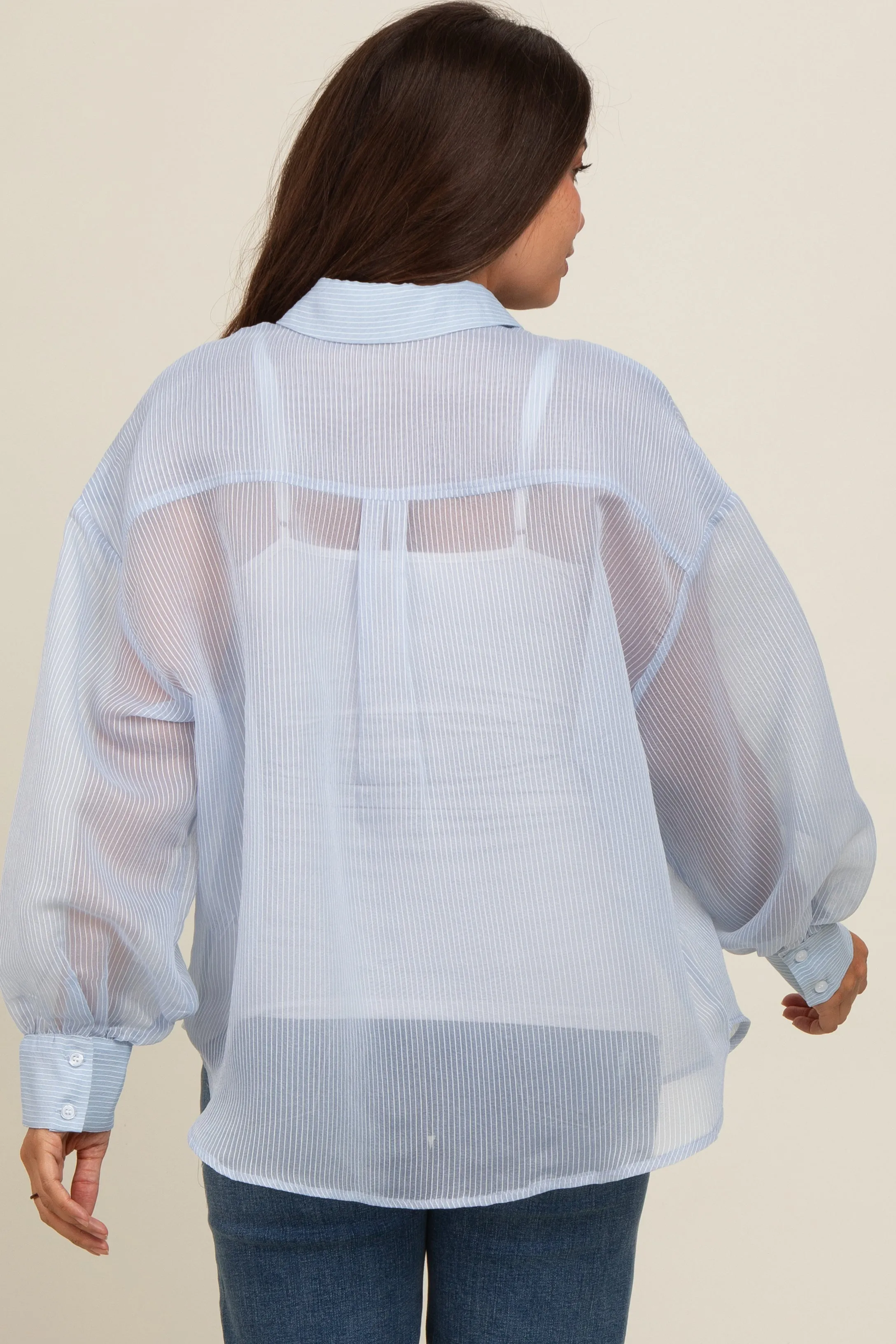 Light Blue Sheer Striped Maternity Button Down Blouse sold by Pinkblush product image thumbnail 3