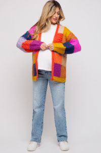 Multi-Color Checkered Thick Knit Maternity Cardigan sold by Pinkblush